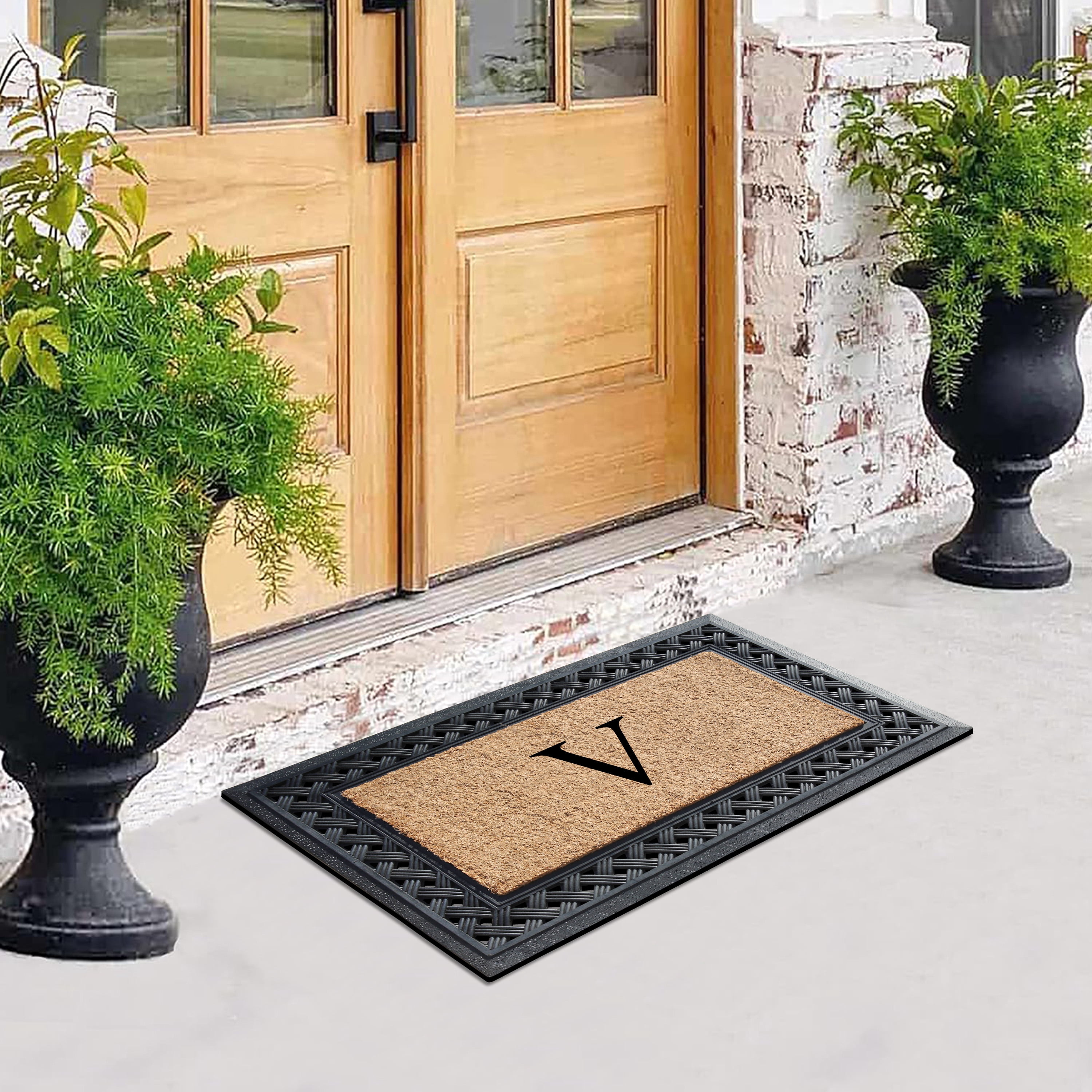 A1 Home Collections Paisley Rubber and Coir Outdoor Doormat, Non-Slip Backing, Black/Beige 23 x 38