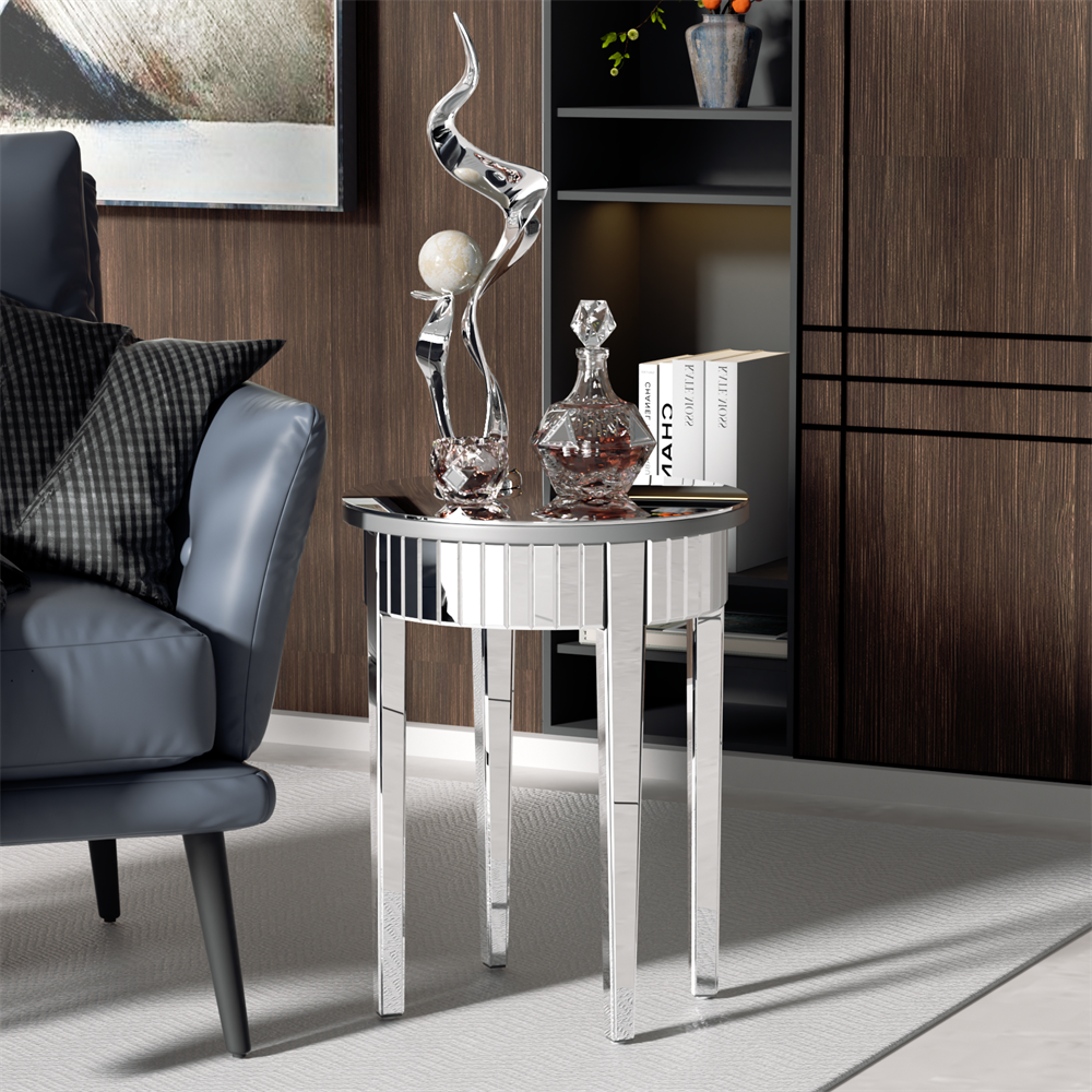 Wisfor Round Mirrored End Table Silver Sofa Side Table Hallway Living Room Furniture, 17.7 inch