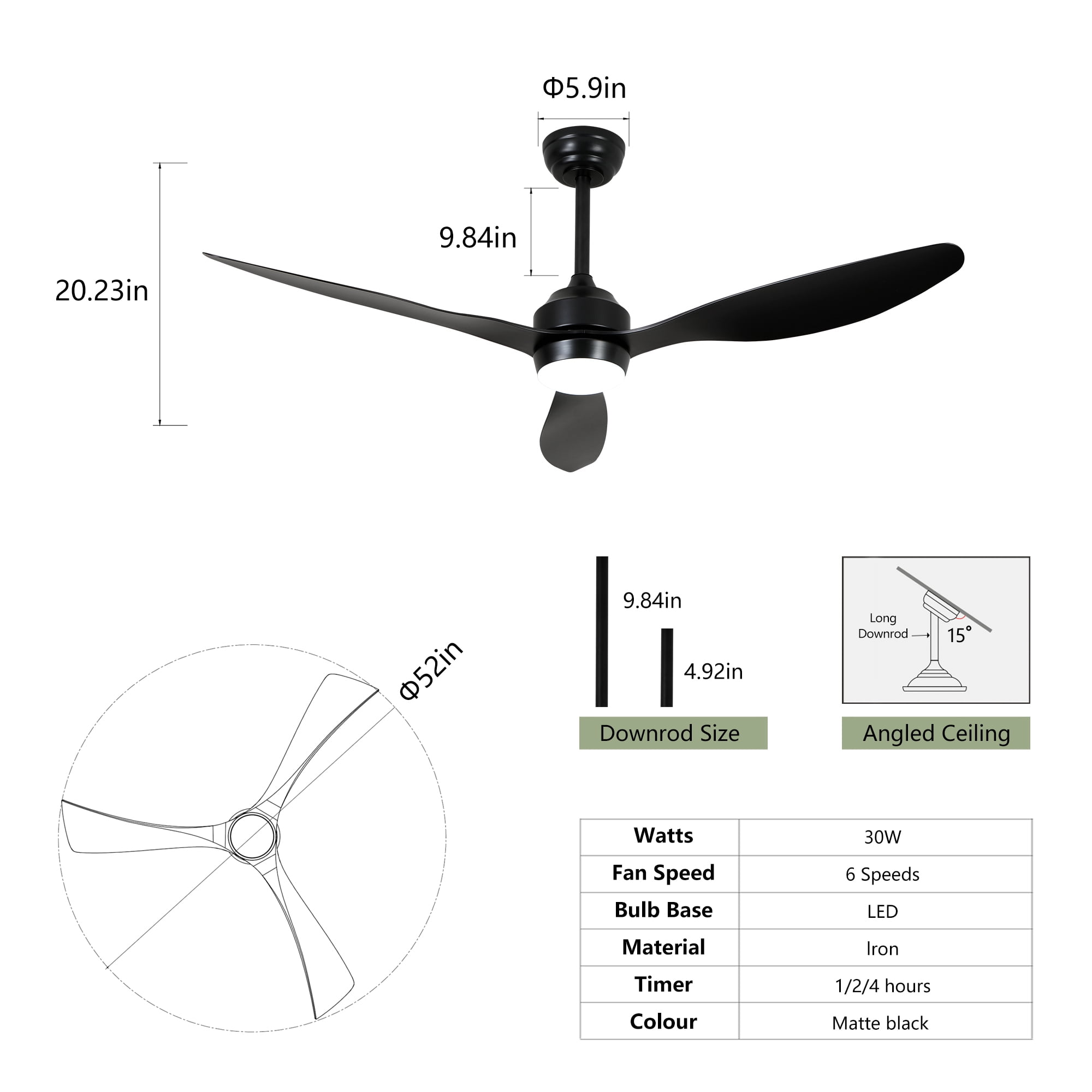 Leumius 52" Ceiling Fan with Light, Quiet DC Motor 3 ABS Blade Ceiling Fans 6 Speed Levels,Reversible Ceiling Fan for Patio Living Room Bedroom Office Black