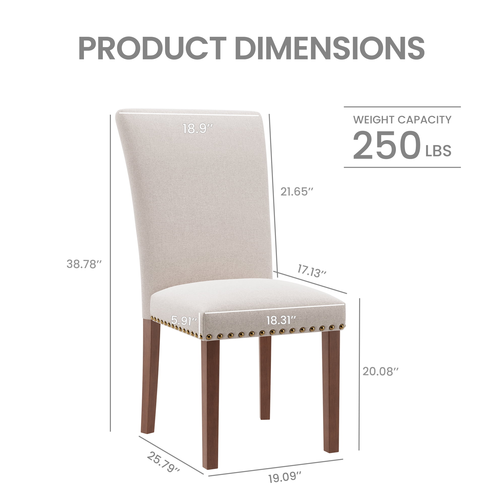 Mid-Century Fabric Dining Chairs with Nailhead Detail and Wooden Legs, Upholstered Side Chairs for Kitchen and Dining Room – Beige