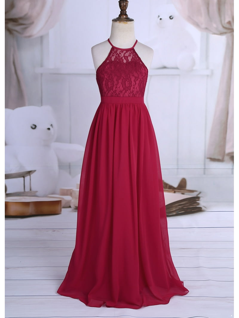 chinese dress ladies A Line V Back Chiffon Lace Junior Bridesmaid Dress, Jade