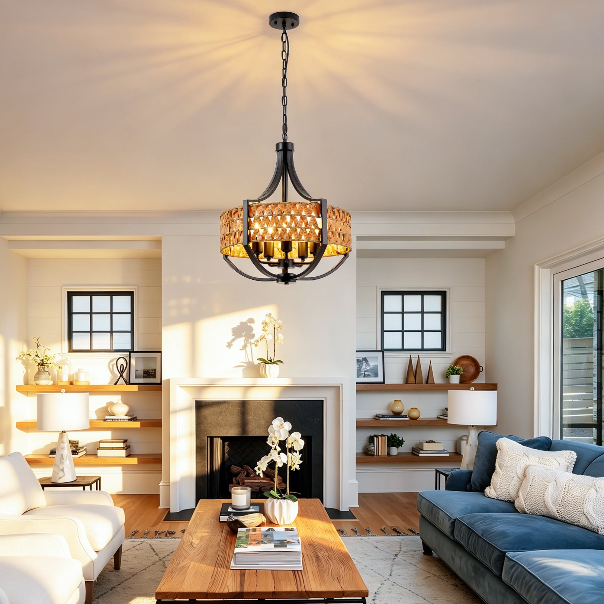 Leumius Rattan Chandelier, 5-Light Boho Chandelier with Natural Woven Reed Shade, Farmhouse Hanging Ceiling Light Pendant Light for Dining Room, Living Room, Foyer, Bedroom Hallway