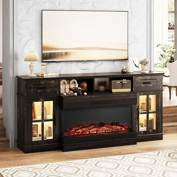 Matladin Fireplace TV Stand with 36'' Electric Fireplace up to 80'' TVs, 3-Sided Glass Entertainment Center with Heater & Glass Doors and Drawers