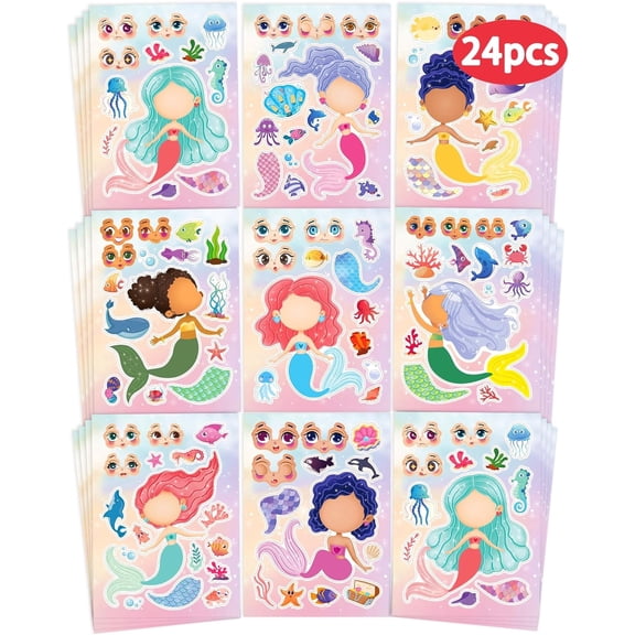 JESTAR Diy Mermaid Make Your Own Face Sticker Sheets for Kids, Under the Sea Crafts and Party Favors, 24 Count