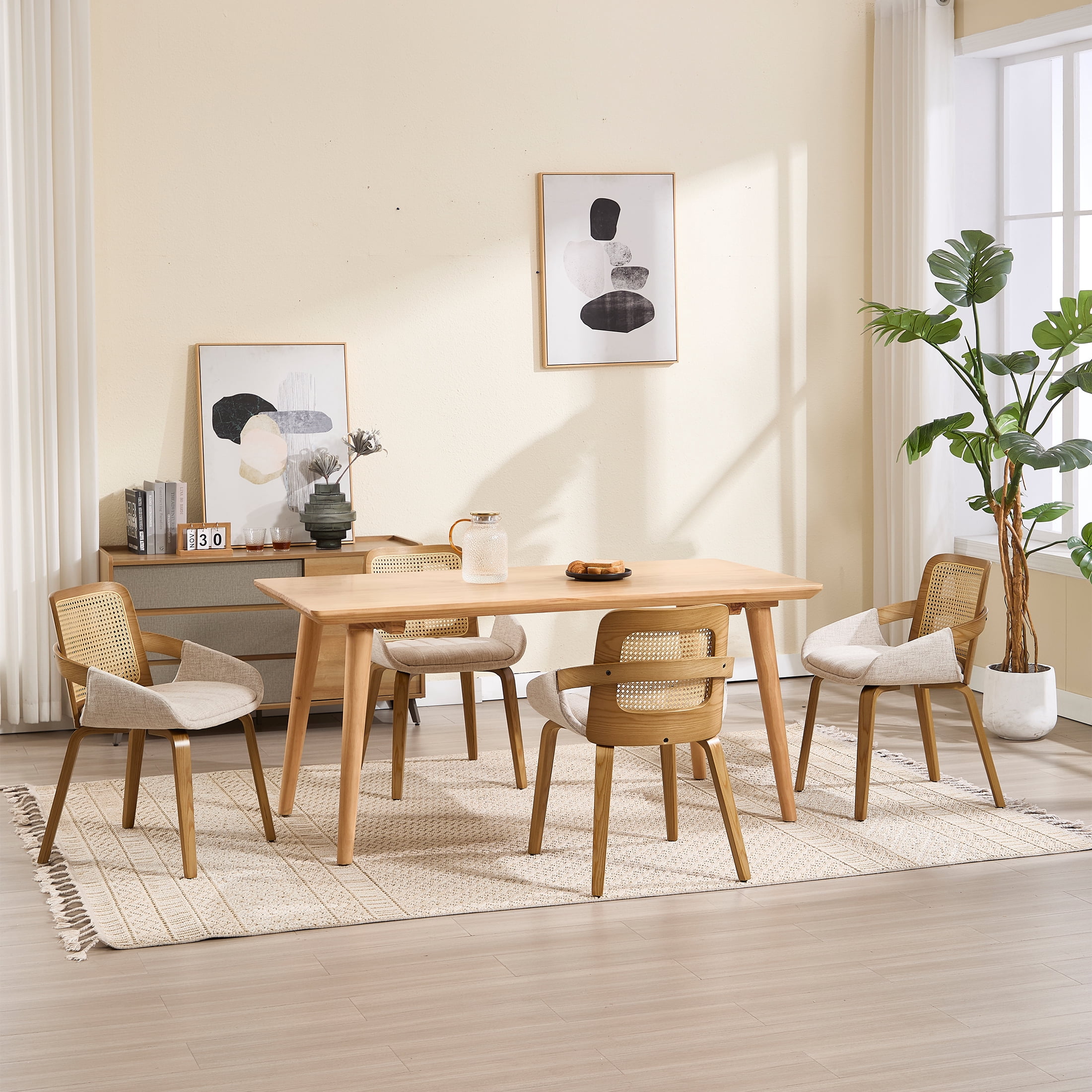 Guyou Modern Rattan Dining Chair Set of 2, Solid Wood Dining Side Chairs, Linen Upholstered Kitchen Chairs with Armrests for Kitchen Dining Room Living Room, Beige