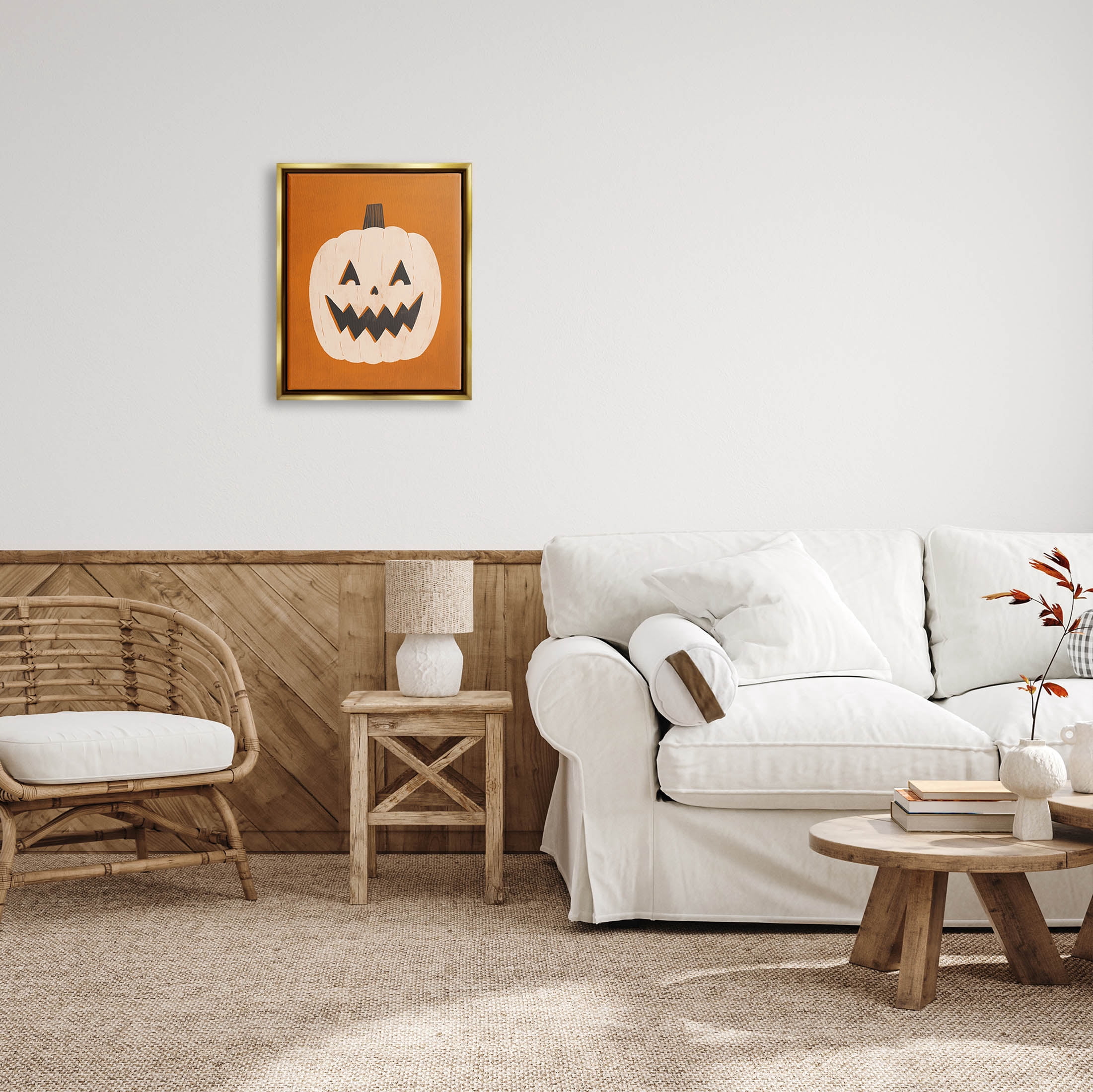 Stupell Industries Happy Jack-o-Lantern Halloween Pumpkin Graphic Art Metallic Gold Floating Framed Canvas Print Wall Art, Design by Loni Harris