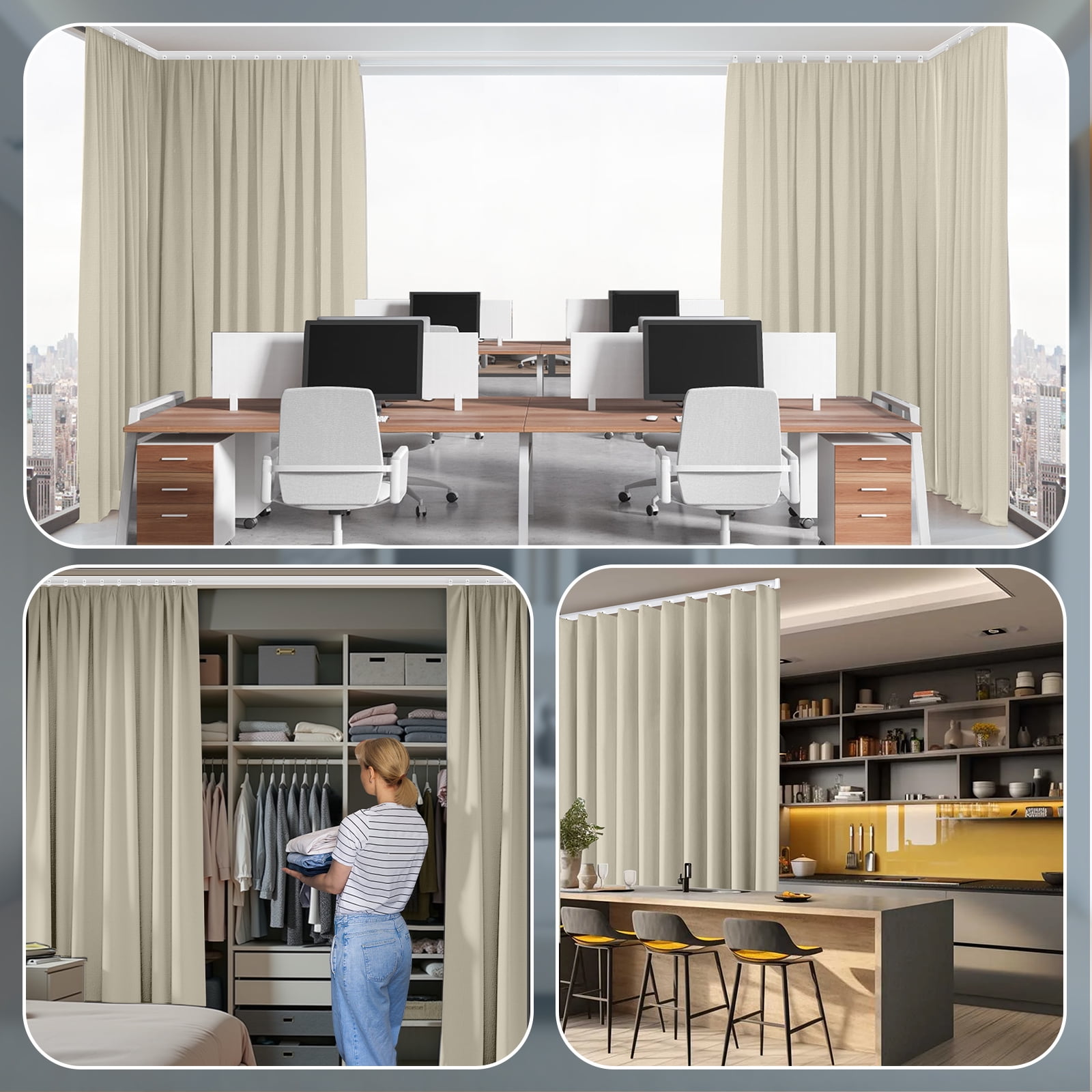DONGPAI Room Divider Curtains Blackout Privacy Curtain Flexible Ceiling Track Thermal Insulated Noise Reduction Curtains for Living Room Bedroom Partition Separator, 1 Panel, Beige, 100"x 108"