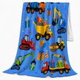 thumbnail image 2 of Construction Vehicles with Balloons and Presents, Festive Cartoon Style for Kids, Party Truck Crane Pattern, Cozy Flannel Blanket for Playroom and Bedroom, Birthday Gift and Truck Home Decor, 2 of 9