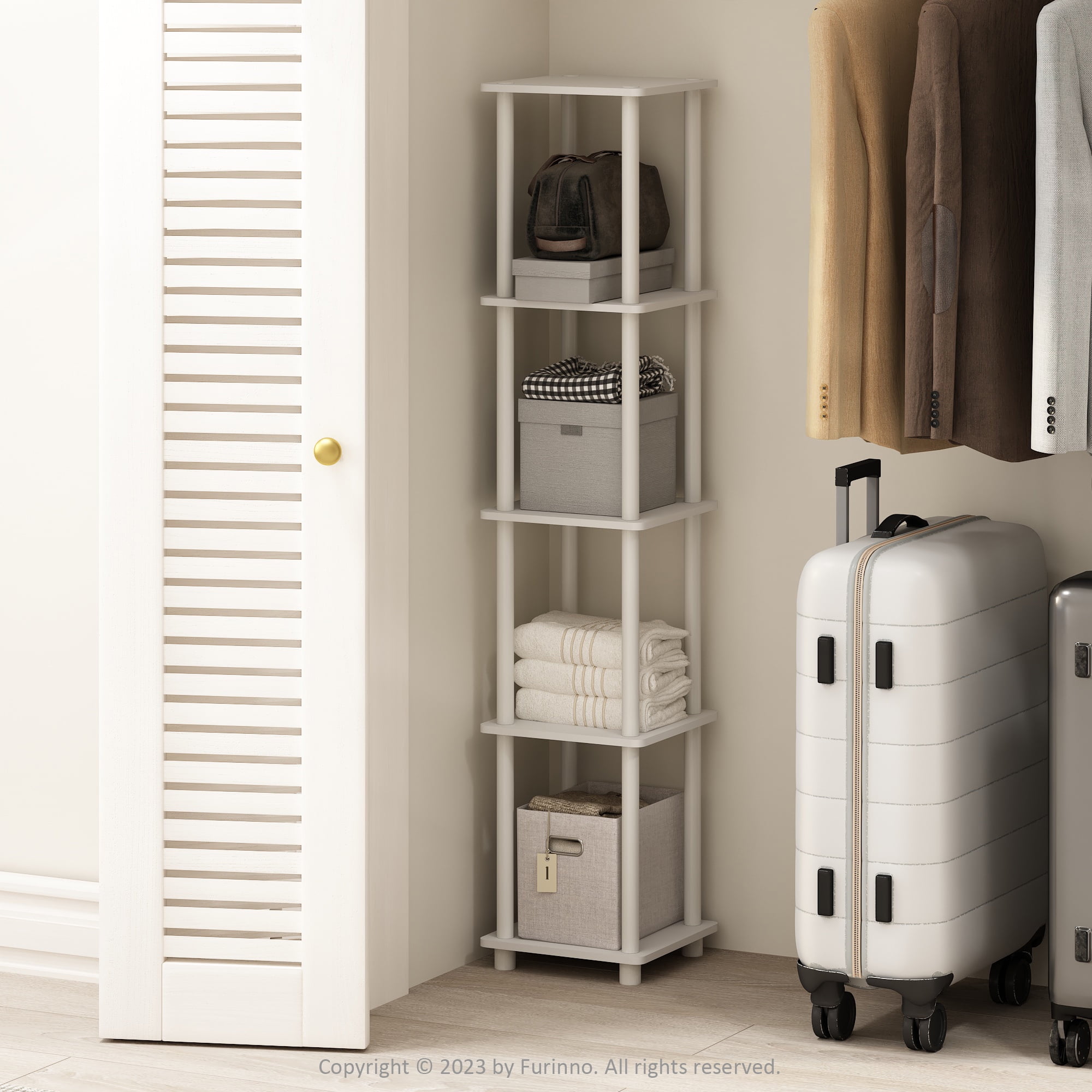 Furinno Turn-N-Tube Adult Office Adjustable 5-Tiers Composite Wood Dimensions 11.6" W x 11.6" D x 57.7" H Storage Shelves Total Capacity Holds up to 10 lb, Per Shelf Capacity 10 lb, White, 1 Pack