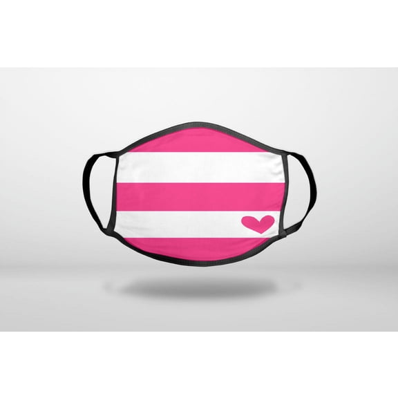 Hot Pink White Stripes Heart - 3-Ply Reusable Soft Cloth Face Covering, Unisex, Cotton Inner Layer