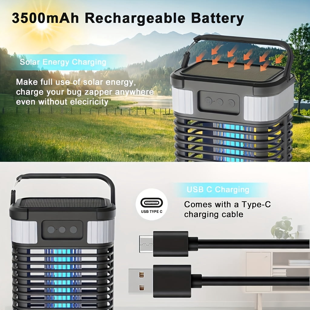 1Pc Solar Bug Zapper, 5-in-1 Multifunctional Portable Lantern, 3500mAh Battery with Light Sensor, Multiple Lighting Modes, Indoor Outdoor Mosquito Killer for Garden Yard Camping