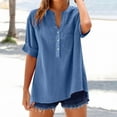 thumbnail image 3 of Fmbrln Womens Summer Linen 3/4 Sleeve Tops Fashion Casual V Neck Button Solid Color Shirts Comfy Loose Blouse with Pockets Blue XL, 3 of 5