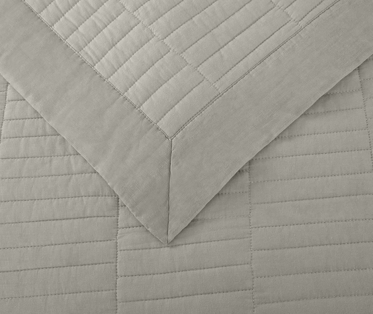 Chezmoi Collection Yuma 3-Piece 100% Cotton Quilt Set Queen Size, Natural, Modern Geometric Rectangle Stitched Quilt Washed Cotton Bedspread Set for All Season