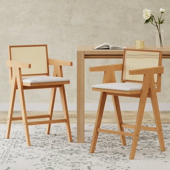 Christopher Knight Home Modern 27" Counter Height Bar Stools, Upholstery Seat, Solid Wood Frame, Natural, Set of 2