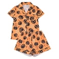 thumbnail image 5 of Women's Halloween Pajamas Silk Satin Regular Fit Stretch Bat Print Summerween Pajamas Notch Collar Sleepwear Set for Women Teen Girls, 5 of 7