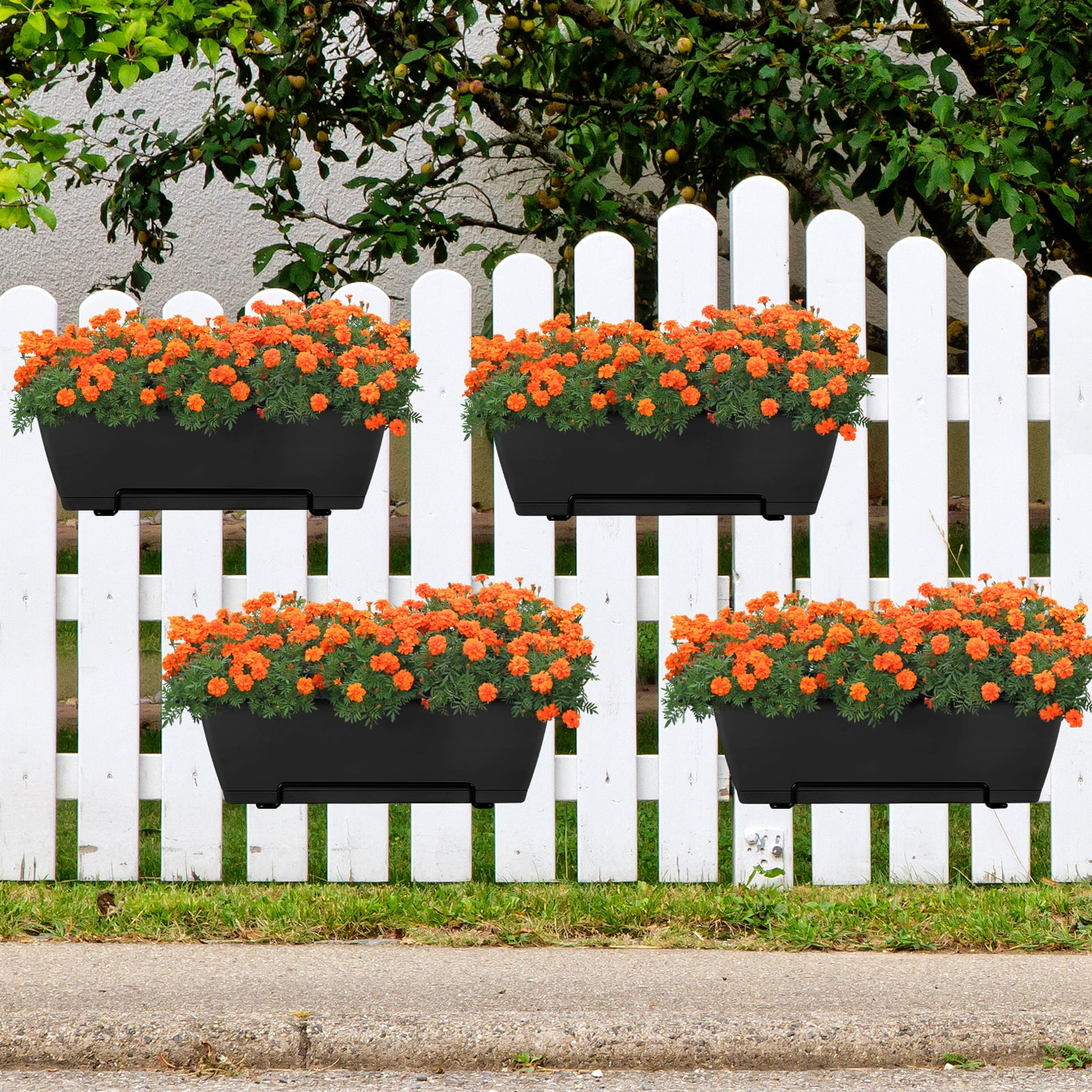 Railing Planter Boxes, Deck Rail Planter for Outdoor Plants, Hanging Railing Window Boxes Planter with Drainage Tray, Window Flower Pots with Brackets, for Over Rail Porch Fence, Balcony & Home Decor