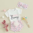 thumbnail image 5 of mgoYE Baby Girls Clothes Infant Baby Girl Easter Outfits Short Sleeve Romper Bunny Onesie + Pompom Shorts Bloomers + Headband 3Pcs(Pink,12-18 Months), 5 of 9