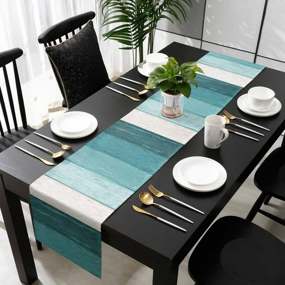 Teal Ombre Cotton Linen Table Runner 13 x 90 inch Farmhouse Vintage Wooden Striped Non-slip Rectangular Dining Table Decor for Wedding Party Holiday Dinner