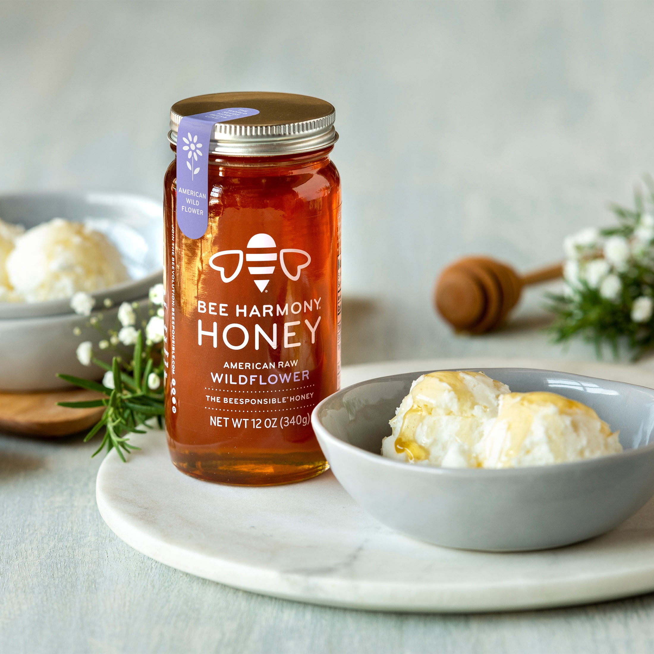 (2 pack) Bee Harmony, Wildflower Honey, 12 oz Glass Jar, No Allergens