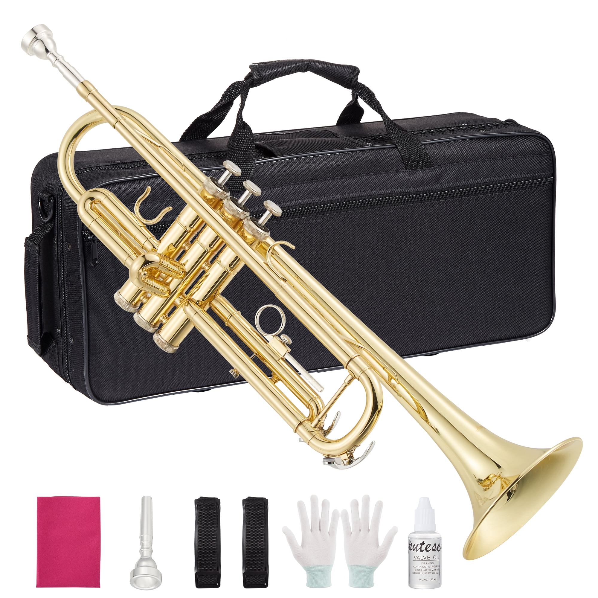 CazToi Bb Trumpet Brass Instrument Gold Lacquer Finish with Case Mouthpiece & Cleaning Kit