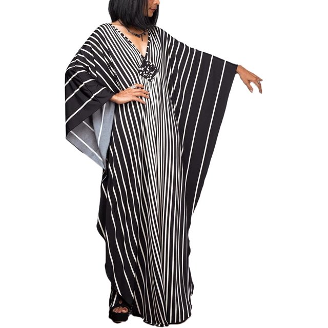 Xishao Cubre Bikini Vestido de Playa Estilo Kaftan con Estampado Étnico para Mujer F-black White Stripe F-black White Stripe Xishao ropa