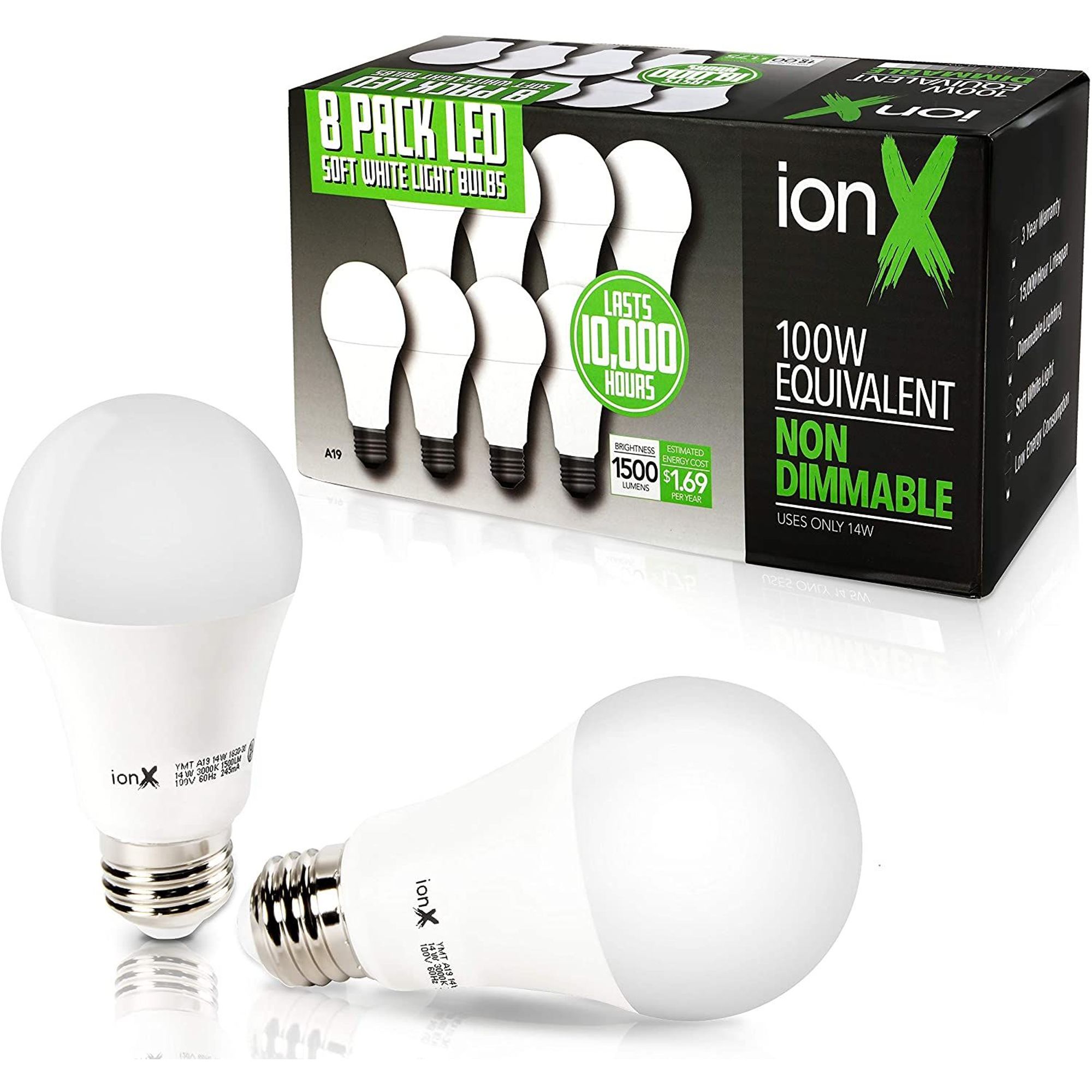 8Pack A19 Nondimmable LED Light Bulbs, E26 Edison Base, 100 Watt