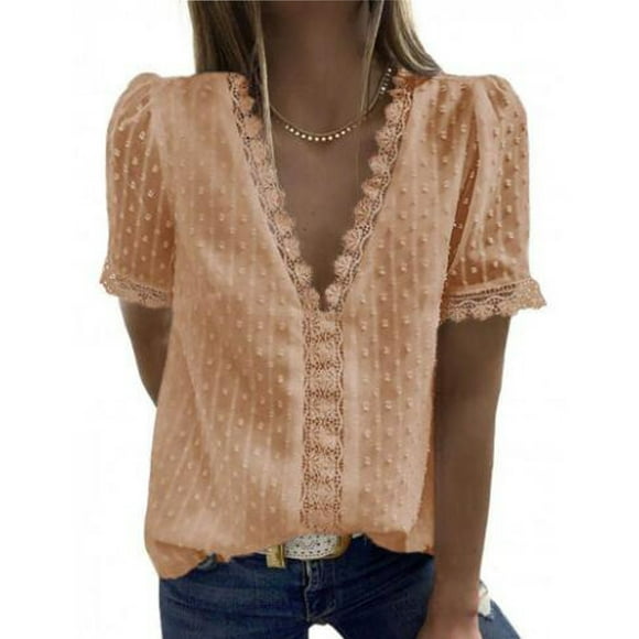 Tralilbee Nouveau Femmes de la Mode Tout-Match V-Cou à Manches Courtes Tops Dentelle Garniture Imprimé Motif Décontracté T-Shirts Amples