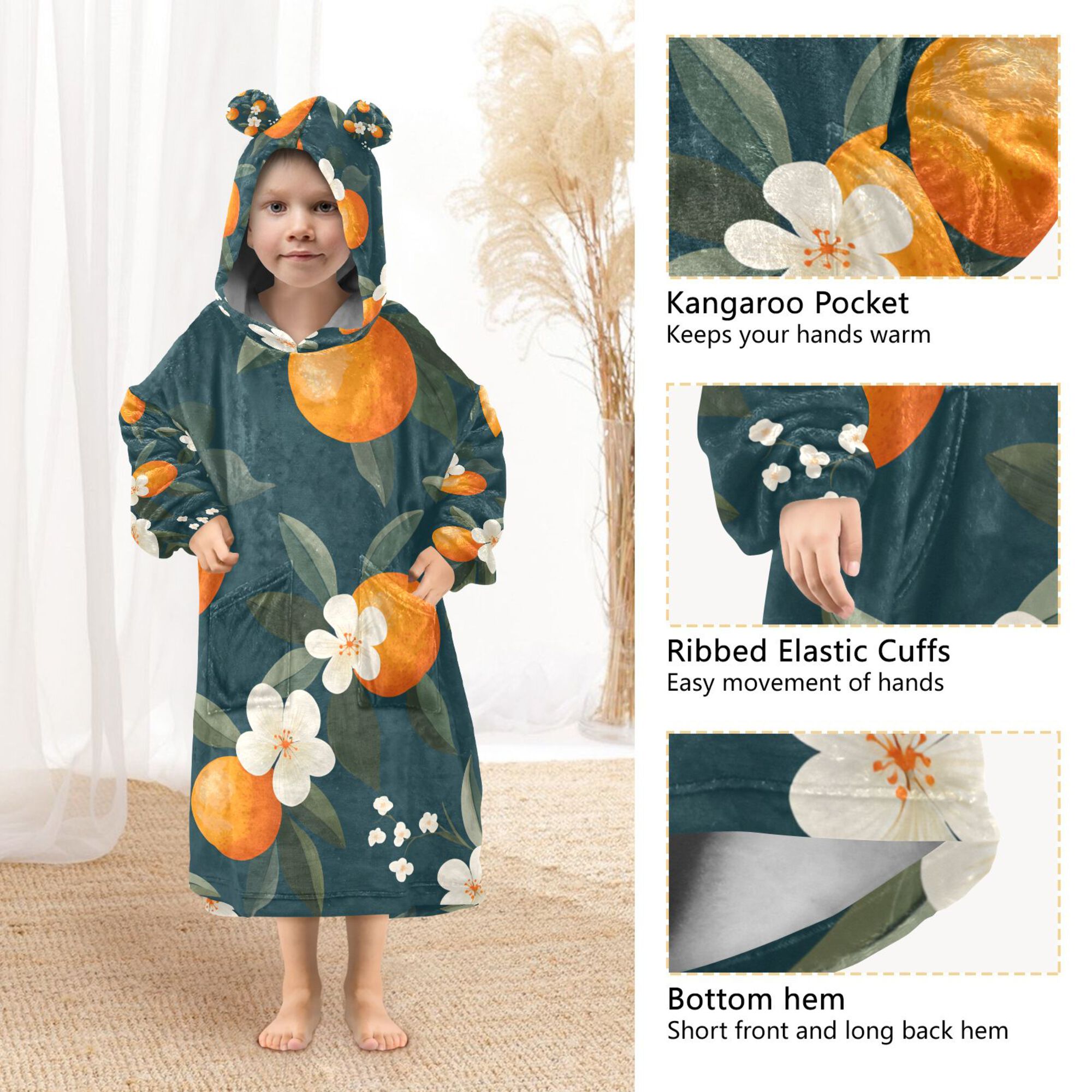 FORMRS Wearable Blanket Hoodie with Sleeves for Kids Cozy Flannel Sweatshirt, Floral Oranges
