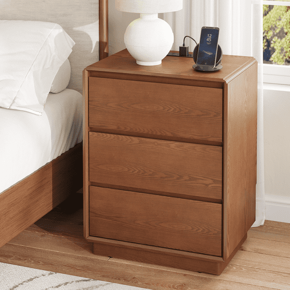 Solid Wood Nightstand with 3 Drawers and Charging Station for Bedroom, Rustic Night Stand Bedside Table, Mid Century End Side Table for Living Room, Brown