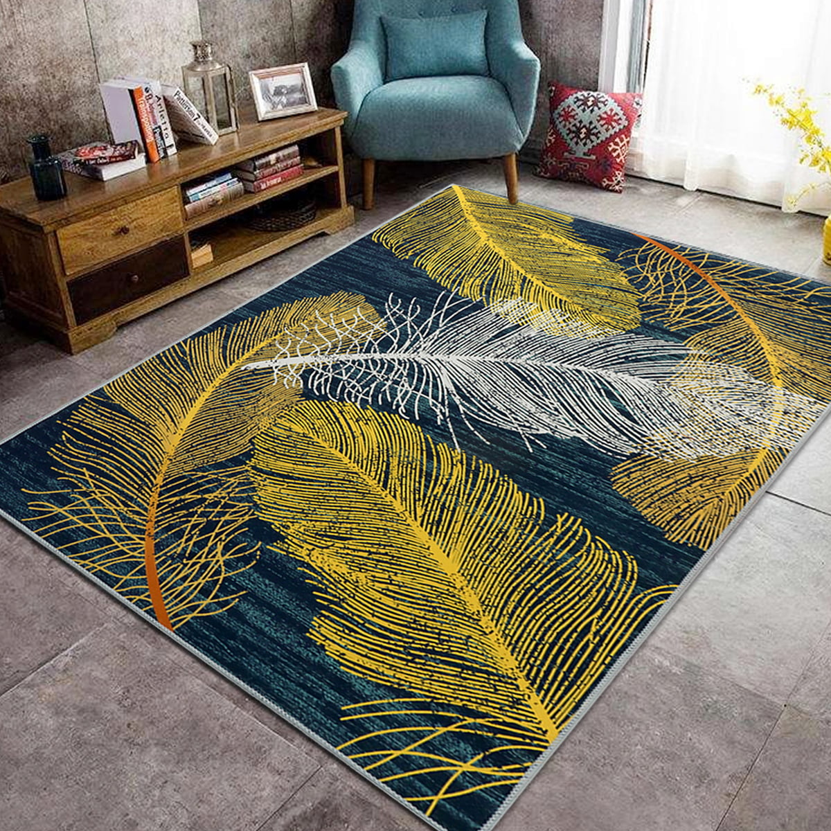 3D Green Yellow Feather Non-Slip Rug Door Shower Play Mat Hearth Floor Carpet 25 