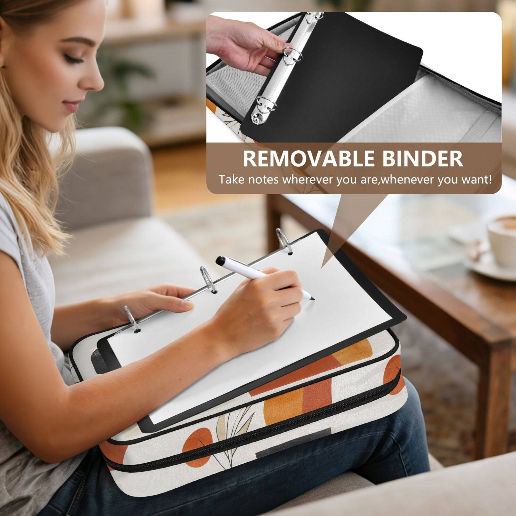 FORMRS Accordion File Folder A4 Size 7-Pocket Expanding Document Organizer Bag with 3 Ring Binder, White Abstract Shapes