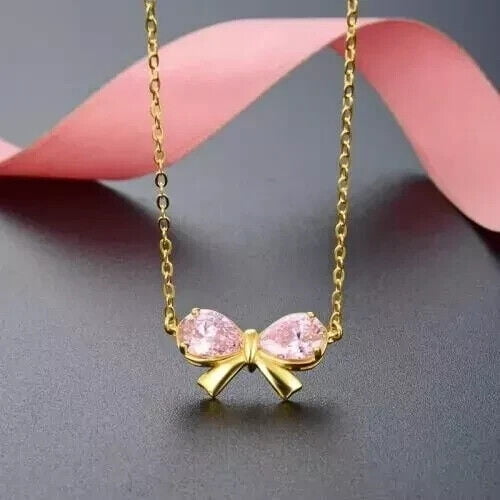 2Ct Pear Cut Lab Created Pink Sapphire Bow Shape Pendant For Women's 14k Yellow Gold Plated Free 18' Chain