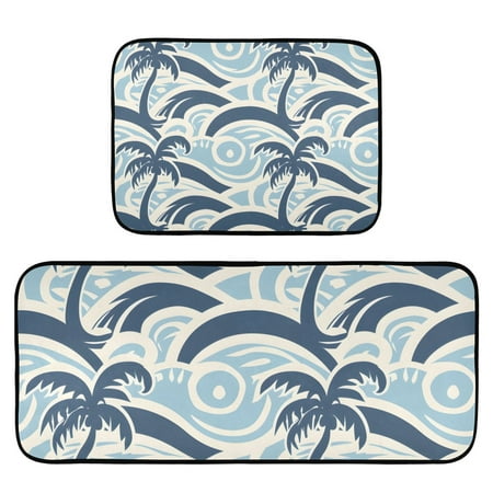 

Palm Trees Blue Waves Rug Carpets Floor Mats Non-slip Water Absorption Set of 2 for Kitchen Bathroom Laundry