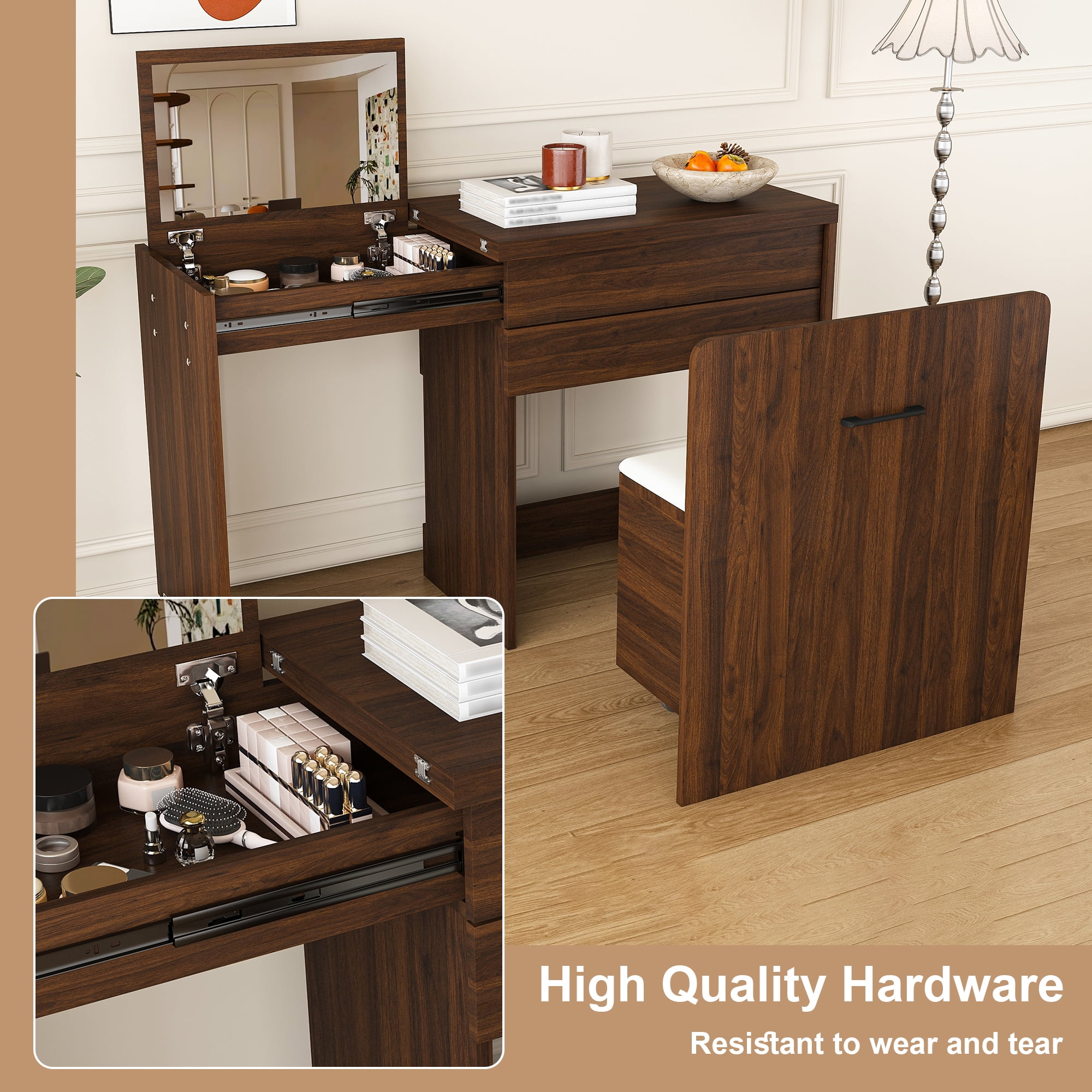 Multi-functional stretching desk, 47-inch foldable desk, makeup table with mirror, has 3 usage modes, equipped with storage function stool, suitable for bedroom, apartment (Walnut)