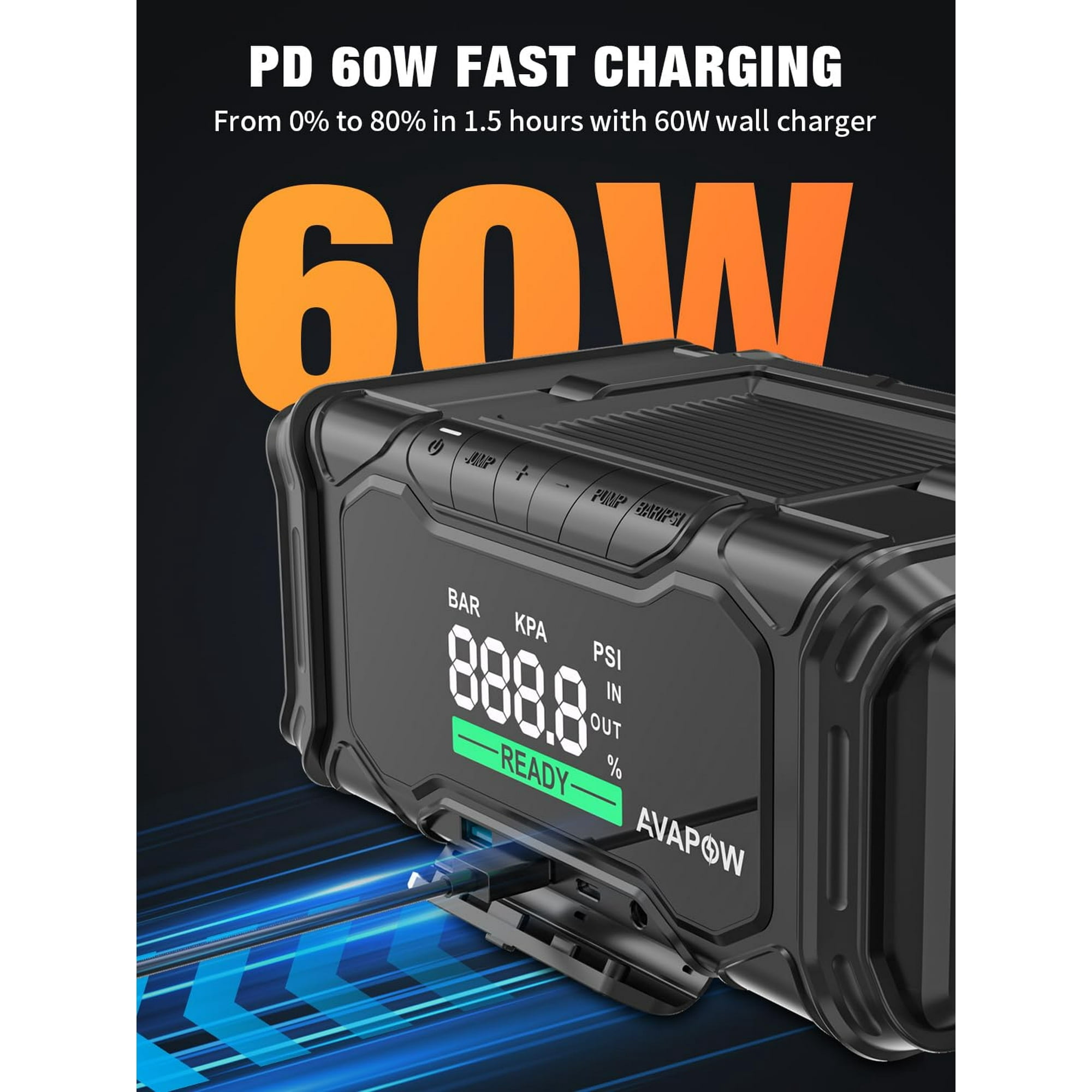AVA POW 3000A Jump Starter with Air Compressor, 12V Car Battery Jump Starter（9.0 Gas/6.5L Diesel）with Force Start Function, 160 PSI Car Battery Charger Booster  with 60W Fast Charging