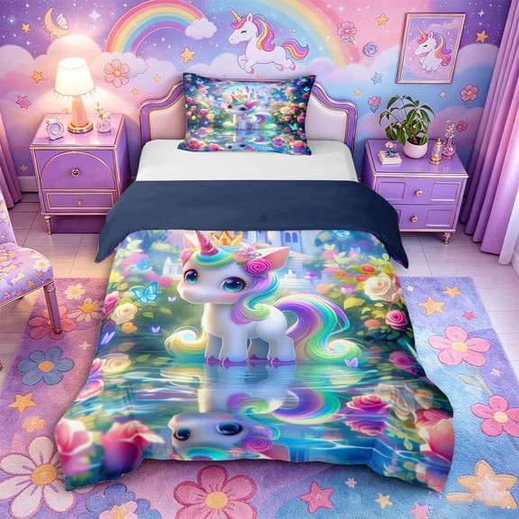 Metsweet Magical Unicorn Twin Duvet Cover, Princess Castle Butterfly Twin Bedding,Navy Blue Reversible,2pcs,1 Duvet Cover and 1 Pillowcase