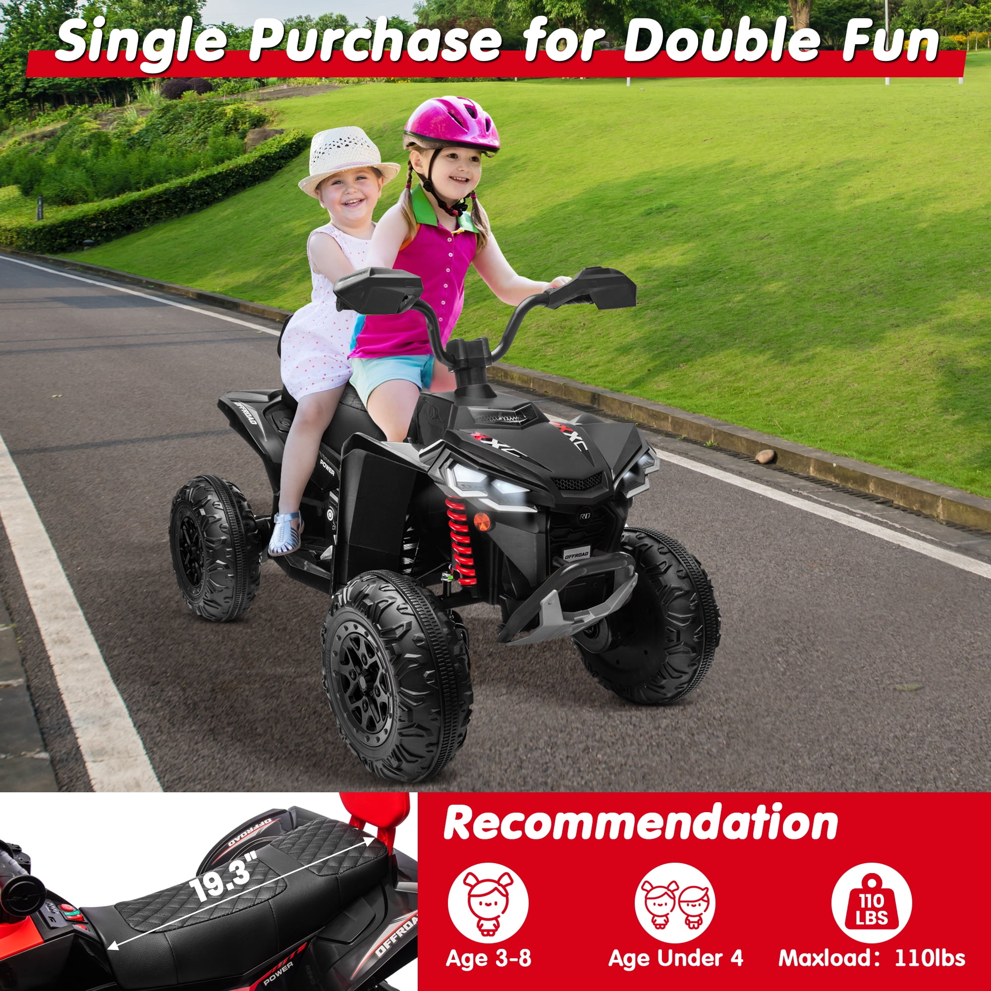 Joyracer 4WD 24V 2 Seaters Kids Ride on Toy, 4×200W Motors, 7AH Battery Powered Electric 4-Wheeler ATV w/ Kneepads, Music, Black
