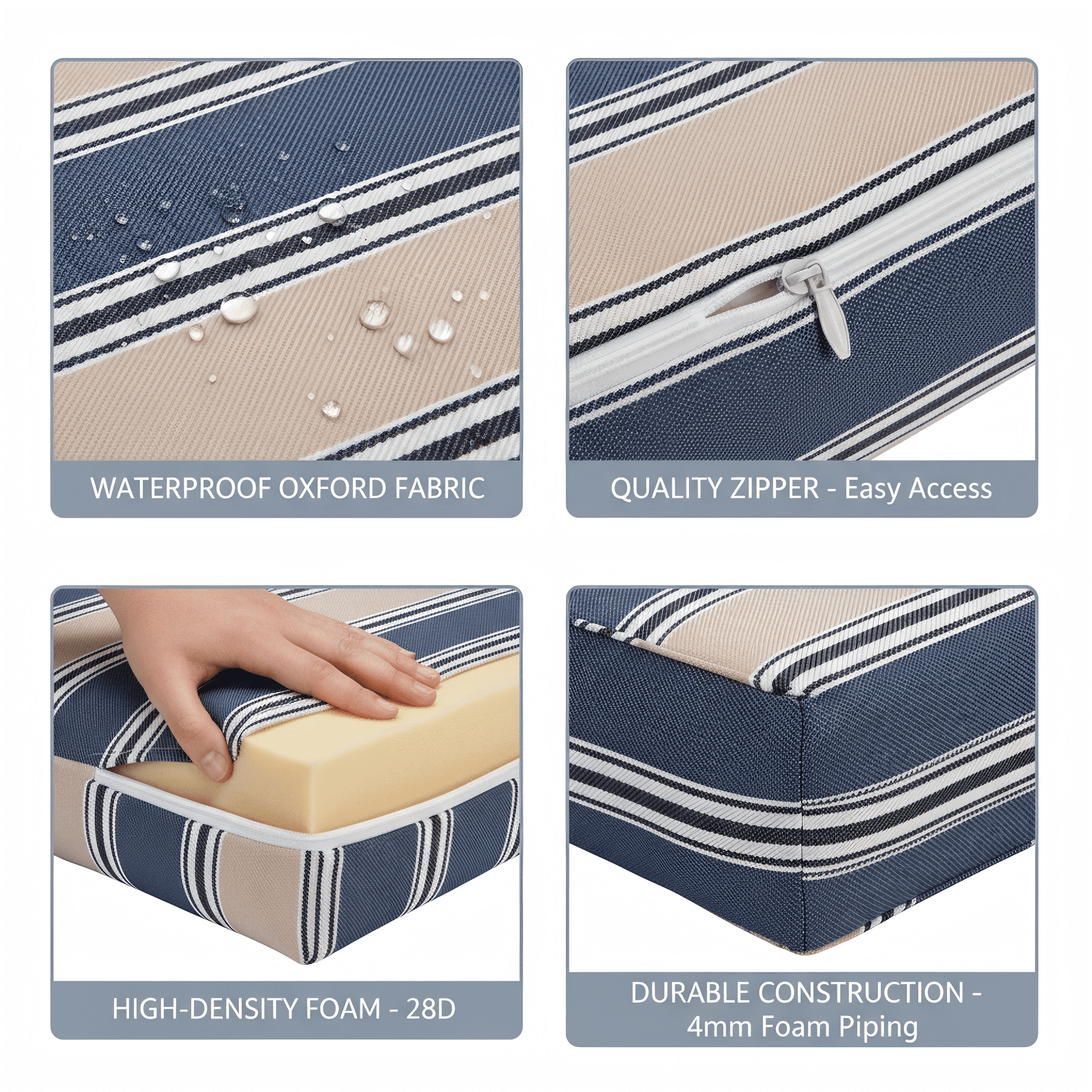 Naturoasis Outdoor Sofa Cushion Set of 4 for 2-Seater Patio Furniture, 24 x 24Inch Waterproof Fade Resistant Deep Seat and Back Cushions with Removable Covers,Sofa, Blue Stripes