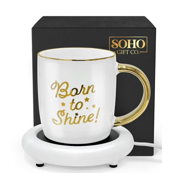 SoHo Coffee Mug with Warmer, Motivational Electric Heated Cup for Coffee Lover Gifts for Birthday/Christmas, 12oz "Born to Shine" (Gift Boxed)