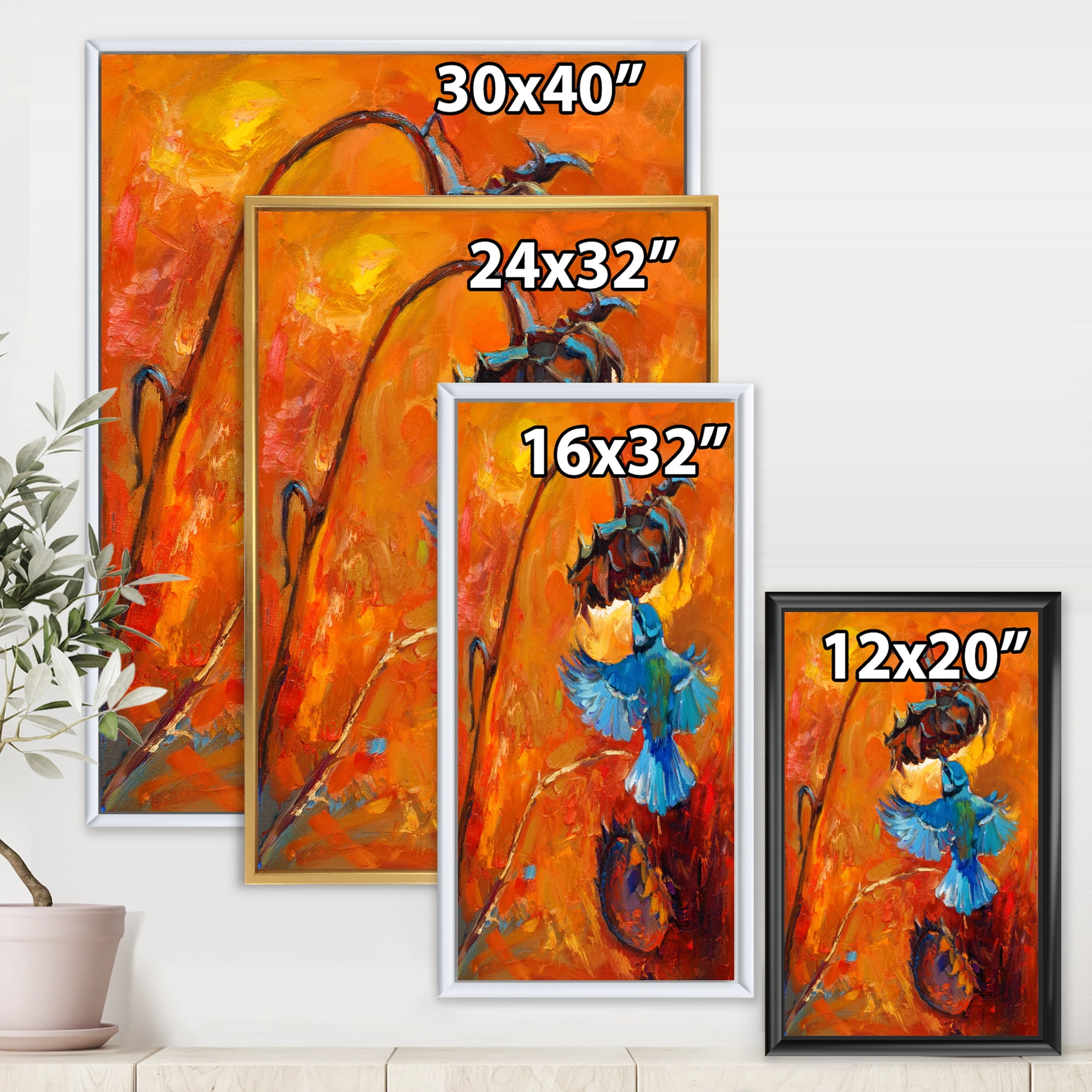 Designart 'Blue Hummingbird On Orange Sunflower' Traditional Framed Canvas Wall Art Print