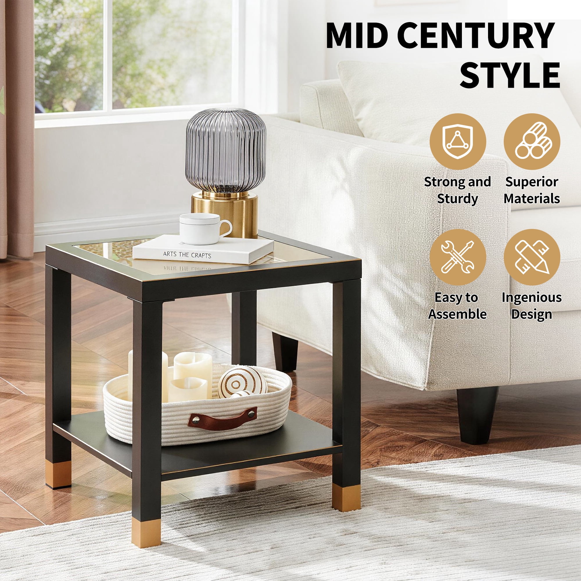 2-Tier Square Tempered Glass End Table with Golden Mesh & Metal Frame, Boho Side Nightstand for Bedroom Living Room Office