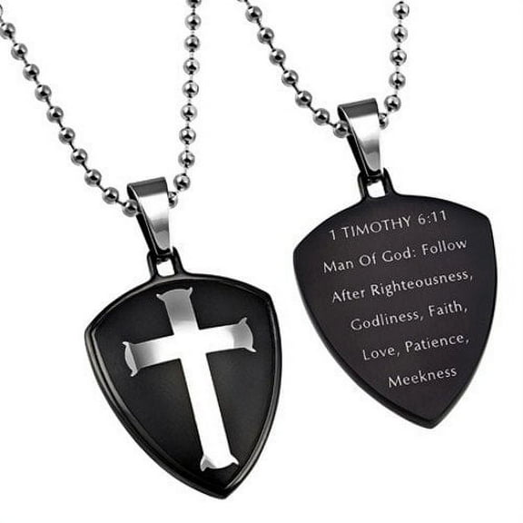 Black Cross Shield Necklace, 1 Timothy 6:11 MAN OF GOD, Stainless Steel Bead Chain