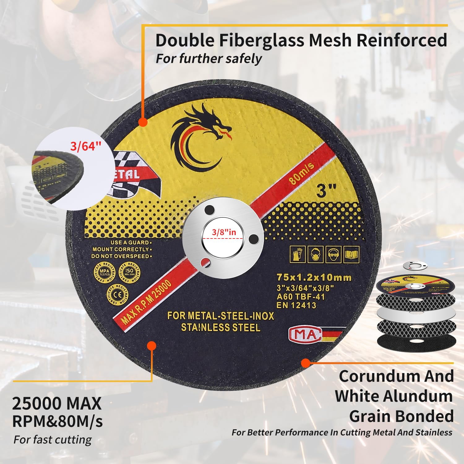 3-inch cutting wheel 20-pack - 3” 1/16” 3/8” cutting wheel for electric grinders, stainless steel and iron, maximum speed 80/, 25,000 RPM, ultra-thin metal cutting wheel suitable for angle grinders