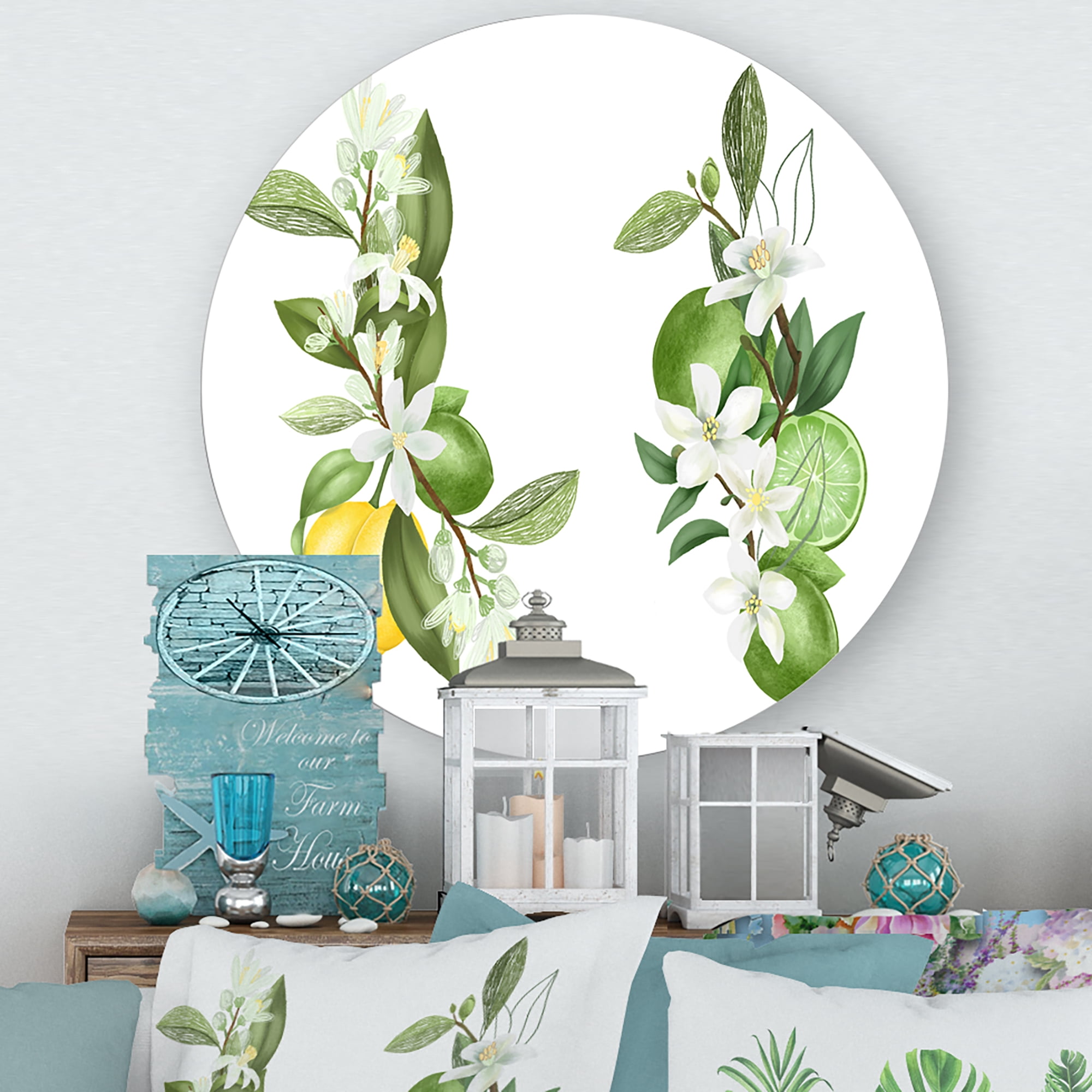 Designart 'Bouquets Of Blooming Lemon Tree Branches on White' Traditional Circle Metal Wall Art 23x23 - Disc of 23