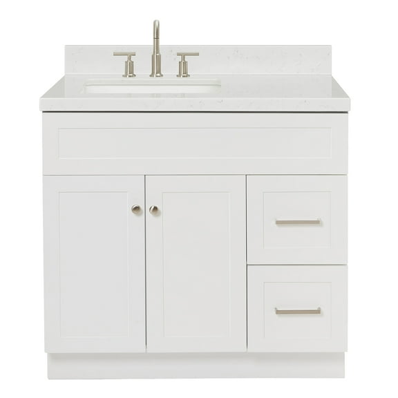 Ariel Hamlet 36 In. Left Offset Rectangle Sink Bathroom Vanity With Carrara White Quartz Countertop 1.5 Edge In White