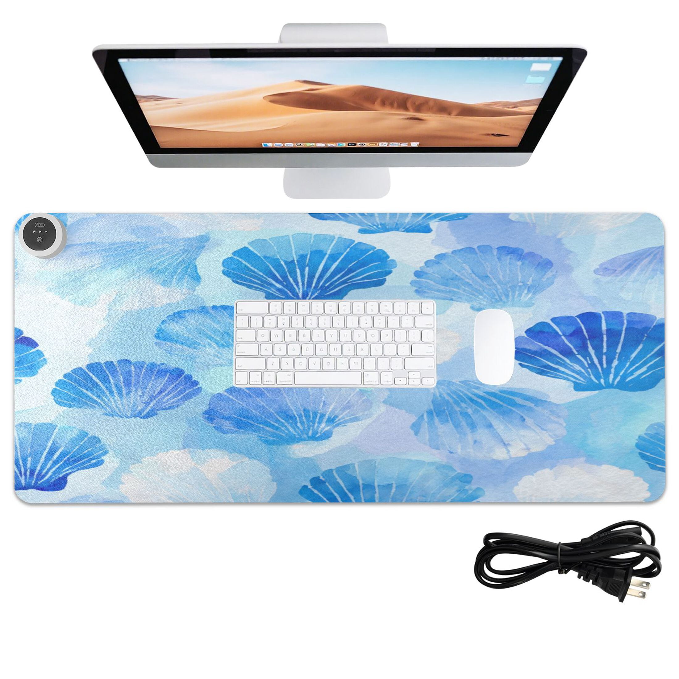Large Heated Desk Mat Mouse Pad 31.5"x13"PU Leather Graphene Heating Desk Warmer with 3 Temperature Settings 110V US Plug Non-Slip Warm Pad for Home, Office, and Gaming Blue Scallop Shells Watercolor