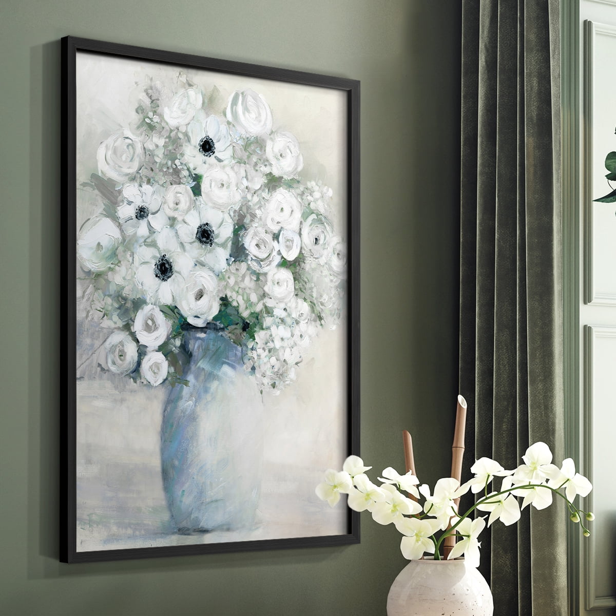 White Anemone Bouquet Framed Print in Black Solid Wood 8 x 10 Framed Print