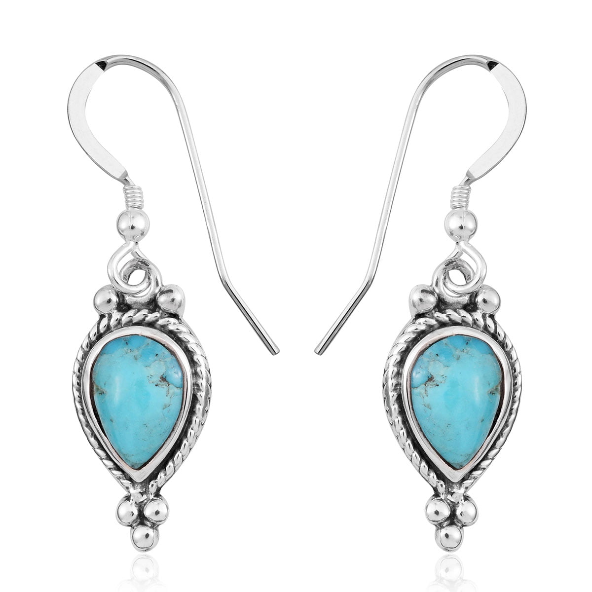 Ladies Boho Ethnic Tibetan Sterling Silver Turquoise Beads Long Hook Earrings