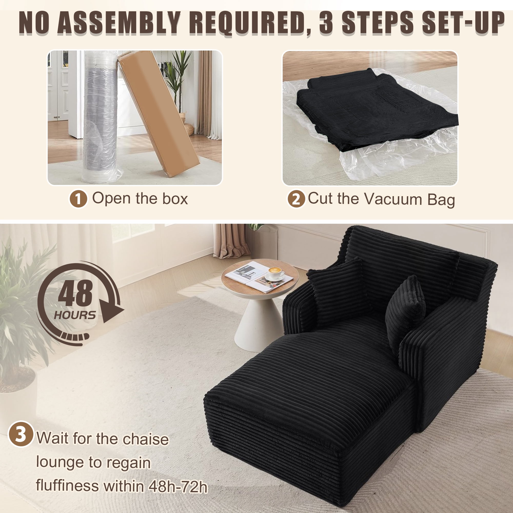 Kosynda 65"D Oversized Chaise Lounge Chair Indoor, Corduroy Upholstered Boneless Sofa Bed with 3 Pillows for Living Room, Black