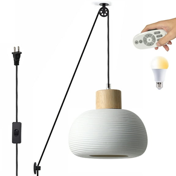 Kiven Plug in Pendant Light, Modern Pulley Hanging Light with Remote Control and Ceramic Lampshade, Dimmable Ceiling Pendant Light, E26 Base